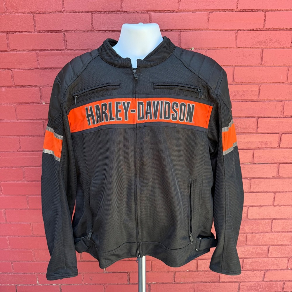 Harley-Davidson Mens XL Mesh Riding Jacket Black Orange Reflective Motorclothes